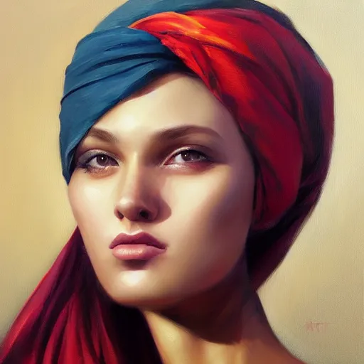 Prompt: A oil painting of a beautiful girl wearing a headscarf, centered face, intricate complexity, rule of thirds, face by Artgerm, character concept, dramatic lighting, complementary colors,by charlie bowater.