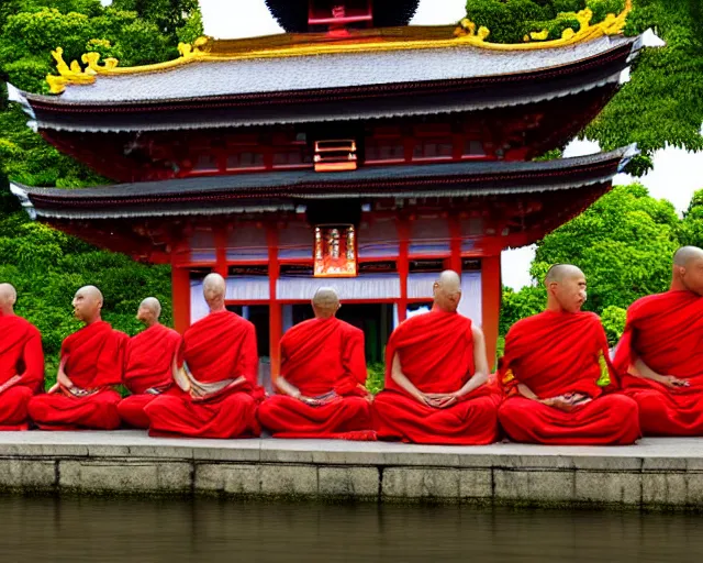 Prompt: a hyperrealistic scenery of 6 monks meditating in front of pagoda temple, digital art, extreme wide shot