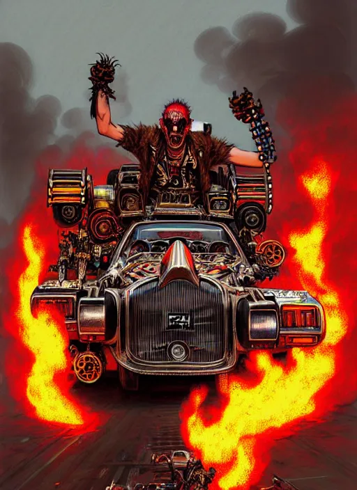 Image similar to portrait of a punk man driving a burning man car, background is on fire, mad max style, warhammer 40000, cyberpunk, intricate, highly detailed, digital painting, artstation, concept art, smooth, sharp focus, illustration, art by Amano and Karol_Bak and artgerm and greg rutkowski and alphonse mucha and Gustav Klimt and Kojima