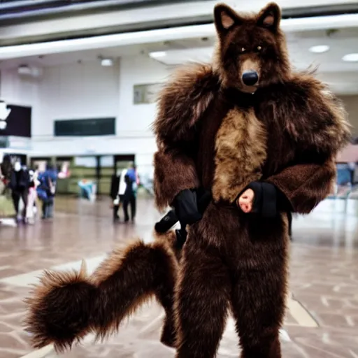 Image similar to brown wolf furry costume and black suit, convention photo