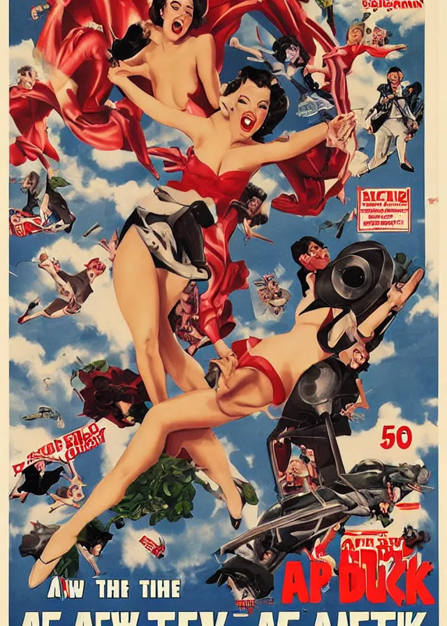 Prompt: a new attack of the 5 0 ft woman movie poster print, pin up, collage, canvas art print
