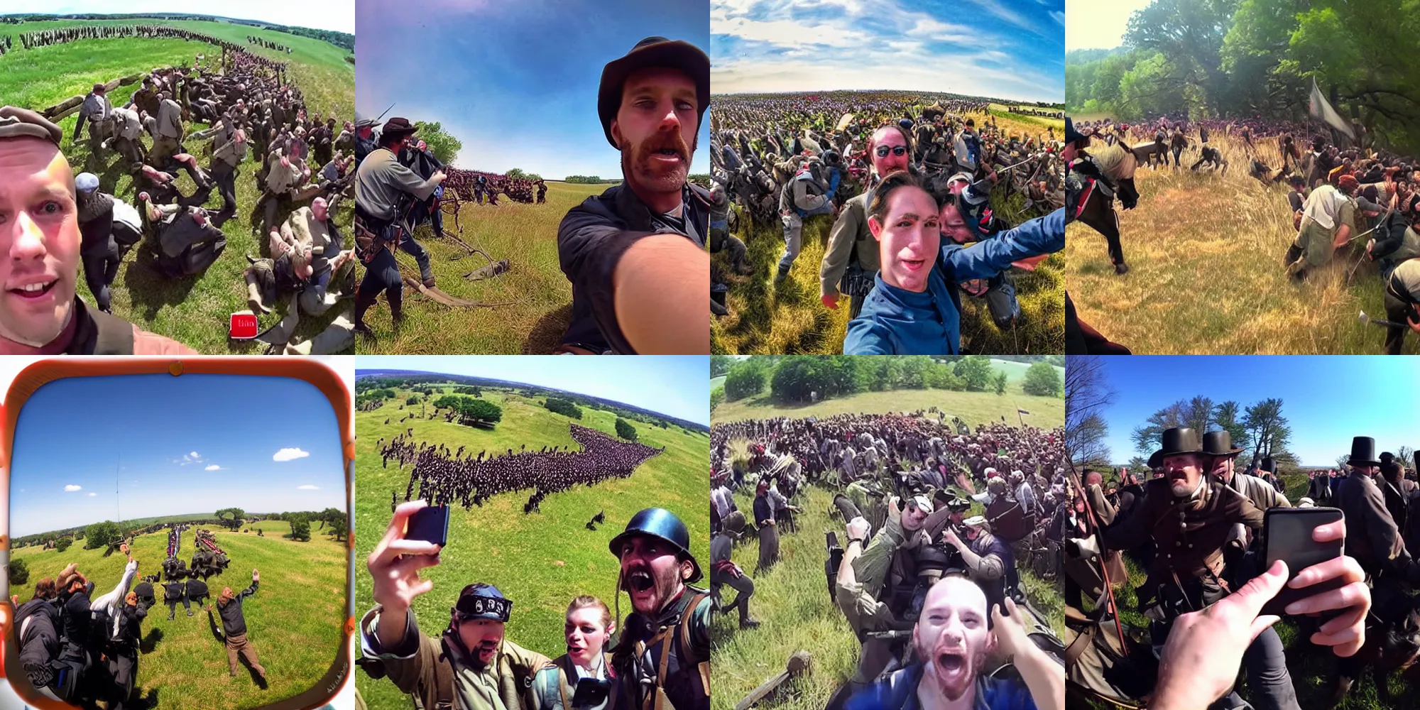 Prompt: taking a selfie at the Battle of Gettysburg, Gopro footage, photograph, hyper-realistic photograph, crowded