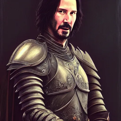 Image similar to Keanu Reeves dressed as a knight, D&D, fantasy, intricate, elegant, highly detailed, digital painting, artstation, concept art, matte, sharp focus, illustration, art by Artgerm and Greg Rutkowski and Alphonse Mucha