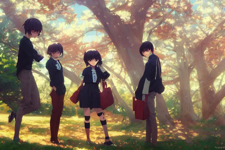 Image similar to boy's love anime high school scene spring noon setting, high detail concept art, perfect proportions good looking face, realistic shaded lighting poster ilya kuvshinov, katsuhiro, jeremy lipkin and michael germash, makoto shinkai, loish and clamp style, trending on art station, best selling artist