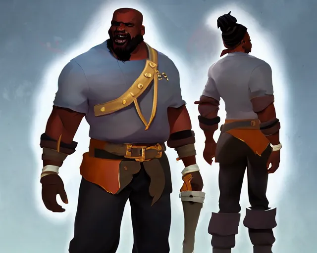 Prompt: sea of thieves character portrait concept art for a huge hulking muscular african american man wearing a blue jacket shirt pants and boots with a pegleg, cgsociety, trending on artstation, rare ltd,