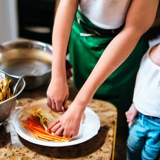 Prompt: small girl making spring rolls in the kitchen and mom is helping