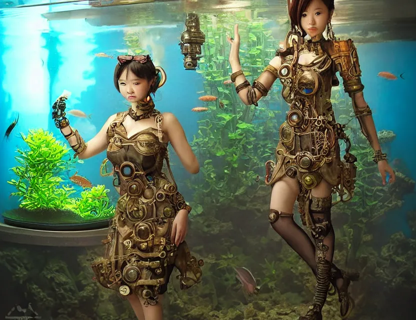 Prompt: southeast asian scifi alchemist in an aquascaped freshwater aquarium, wearing a lovely dress with steampunk details. this oil painting by the award - winning mangaka has an interesting color scheme and impeccable lighting.