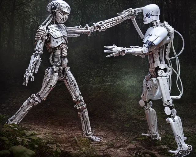 Prompt: photo of a white terminator stormtrooper with heavy duty biomechanical hydraulic cybernetic body fighting with a jedi in the forest. cyberpunk horror style. highly detailed 8 k. intricate. nikon d 8 5 0 5 5 mm. award winning photography. art by hr giger and zdzislaw beksinski in the style of hzd