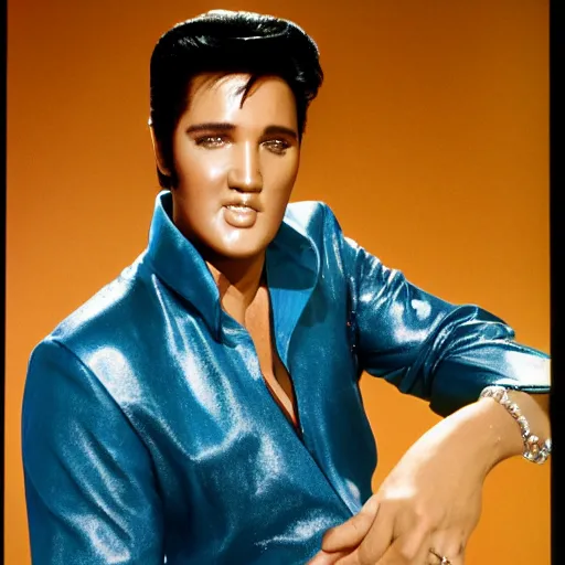 Prompt: elvis posing for a promotional still for his 1 9 8 8 comeback special part 2, 3 5 mm production still