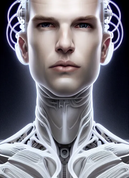 Image similar to symmetry portrait of a pale blond androgynous irish male cyborg with very curly long blond curly hair, clean shaven!!!!, sci - fi, black cybernetic armor, glowing lights intricate, elegant, highly detailed, digital painting, artstation, concept art, smooth, sharp focus, illustration, art by artgerm and greg rutkowski and alphonse mucha