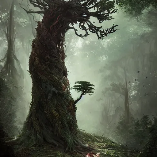 Image similar to a rat creature, in the shape of a ent, in a corrupted forest, by greg rutkowski, trending on art station, highly detailed, magic the gathering, matte painting