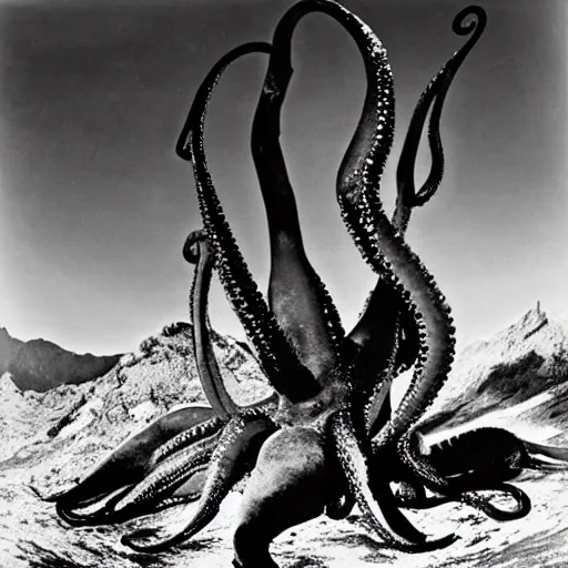 Prompt: a large tentacled monstrosity squid dinosaur stepping over a mountain range by Ansel Adams and H.R. Giger, black and white photography