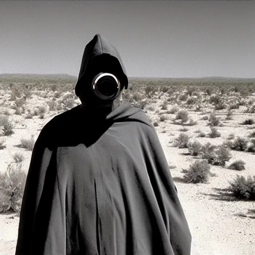 Image similar to a man wearing a long cloak and gasmask, in the desert, film still, arriflex 35