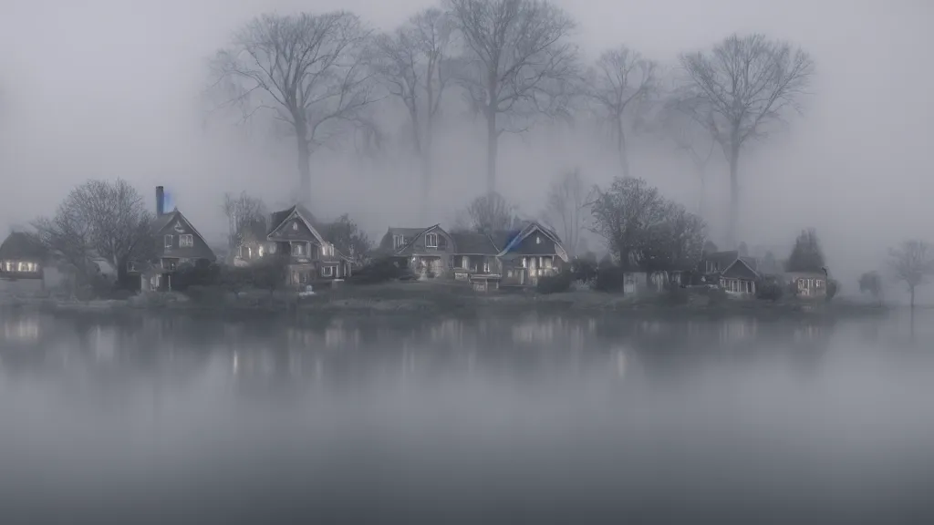 Image similar to village with beautiful houses in the fog on the lake, fog, volumetric lighting, mystique, atmospheric, conept art, sharp focus, ultra detailed, noir arthouse, 4 k, cinematic, 3 5 mm