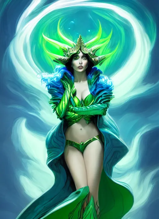 Image similar to style artgerm, joshua middleton, illustration, elizabeth taylor as a dragon priestess wearing green pelt light armor, blue hair, swirling water cosmos, fantasy, dnd, cinematic lighting