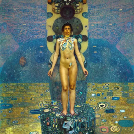 Prompt: portrait of a surreal goddess floating in front of a futuristic ancient Atlantis, painting by Gustav Klimt and Greg Rutkowski