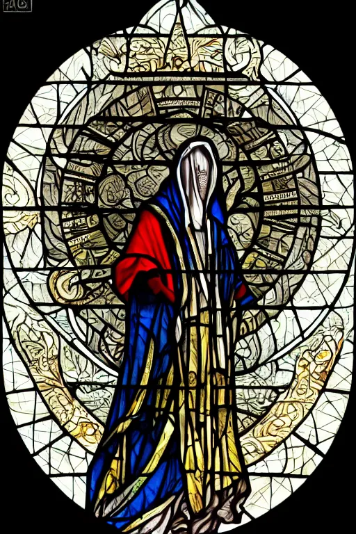 Prompt: hooded figure in the style of a stained glass window, full moon, intricate, highly detailed, artstation 4k