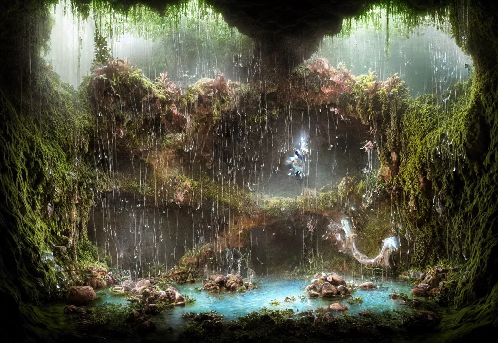 Prompt: enchanted water well, plants inside cave, with godray, vale encantado, cave photography lighting by ellen jewett, tomasz alen kopera and justin gerard foam mist water, ruins, building blocks,, diamond texture, intricate mine, tiny sticks, tiny insects, water drops, sap, spider web, sap, nature adornements, nature