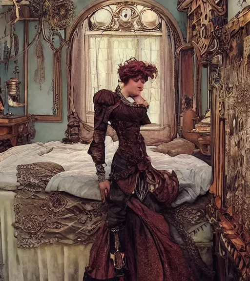 Prompt: woman model, intricate steampunk clothes, in a bedroom!!!!!!!!!!!!!!!!!!!!, elegant, highly detailed, digital painting, artstation, concept art, smooth, sharp focus, illustration, art by krenz cushart and artem demura and alphonse mucha