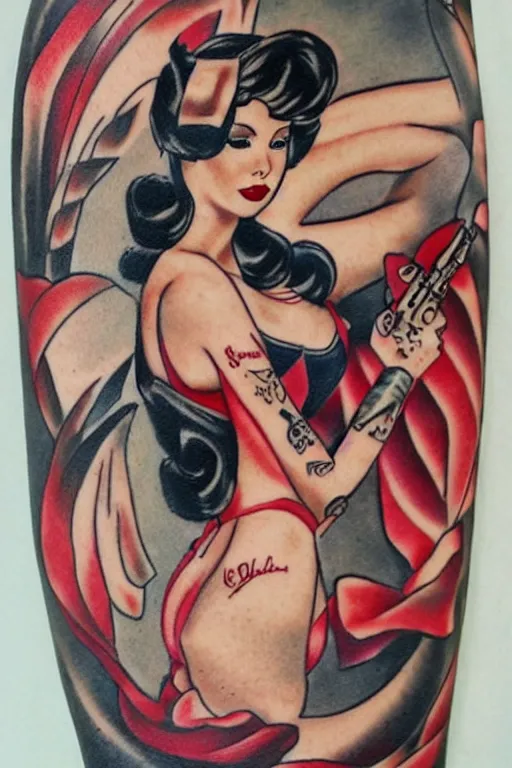 Image similar to traditional American tattoo of a pinup girl, pinup model, WWII style, tattoo by David Corden