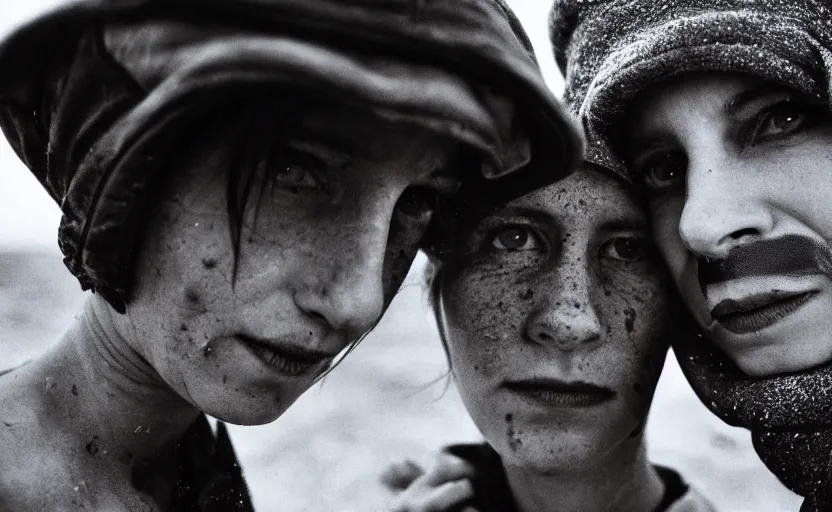 Prompt: cinestill 5 0 d photographic portrait by helen levitt of a white and mixed female android adult couple wearing rugged black techwear on a desolate plain of america, extreme closeup, modern cyberpunk, dust storm, 8 k, hd, high resolution, 3 5 mm, f / 3 2, ultra realistic faces, intricate detail, ex machina