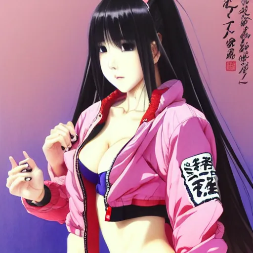 Image similar to a beautiful japanese lalisa alluring gravure model, wearing oversized designer bomber jacket and leotard, bulky poofy bomber jacket with mesoamerican patterns, mesoamerican native street fashion, gapmoe yandere grimdark, trending on pixiv fanbox, painted by greg rutkowski makoto shinkai takashi takeuchi studio ghibli, akihiko yoshida