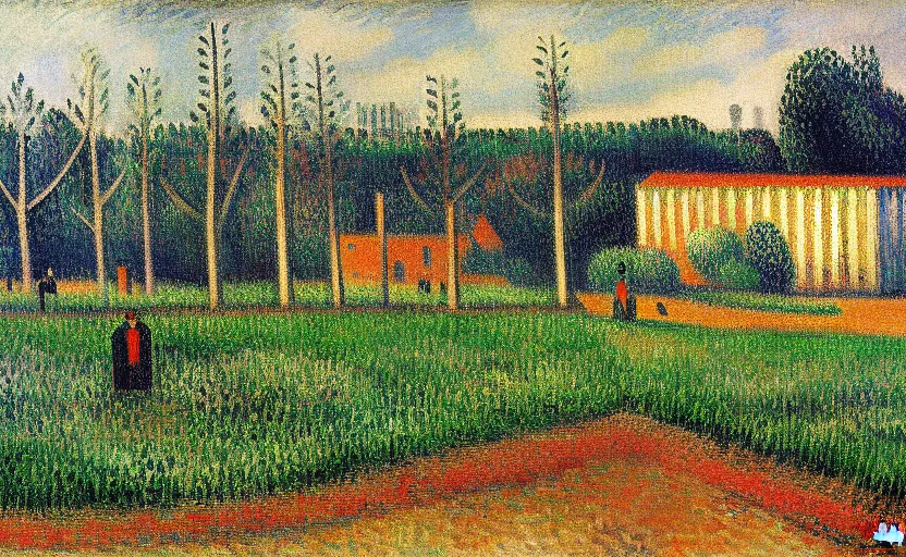 Prompt: geometric painting of industrial buildings surrounded by undergrowth by camille pissarro