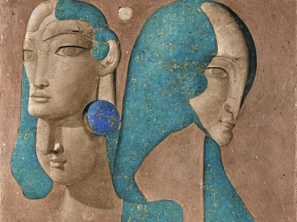 Image similar to marble egyptian sculpture head of the god of inner tranquility with inlaid crystal eye. lapis - lazuli, turquoise, malachite, cinnabar, earth brown. painting by piero della francesca, balthus, agnes pelton