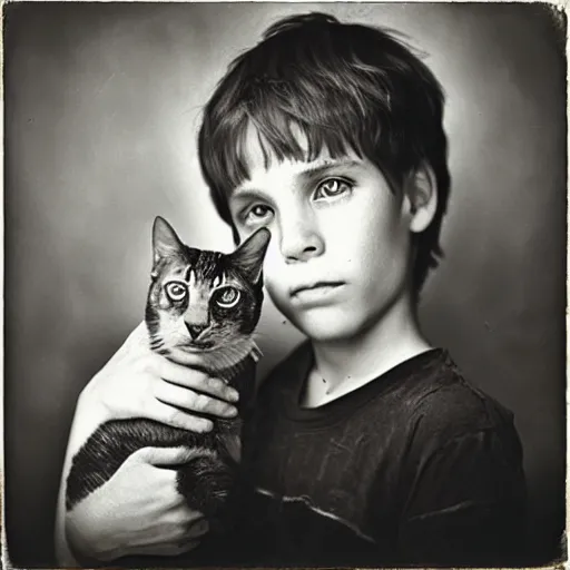 Image similar to a beautiful boy holding a cat, by sally mann