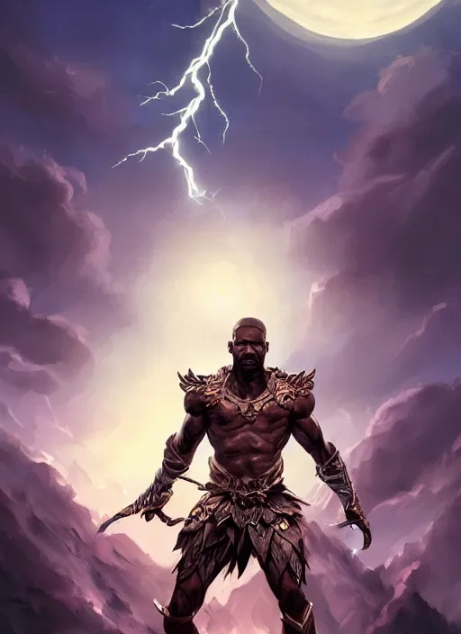 Image similar to a highly detailed illustration of Jamie Foxx as a bearded short fade hair african warrior god of lightning, evil floating pose, moonlit clouds background, muscular, intricate, elegant, highly detailed, centered, digital painting, artstation, concept art, smooth, sharp focus, league of legends concept art, WLOP