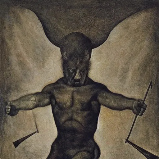 Image similar to half man half beast, by Odd Nerdrum, by M.C. Escher, by Hieronymous Bosch, Kandinsky color palette, masterpiece, beautiful, eerie, surreal, psychedelic