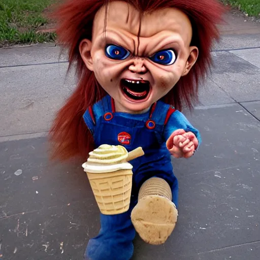 Image similar to chucky doll screaming!!!! at ice cream on the ground