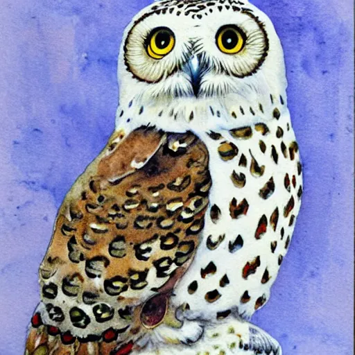 Image similar to snowy owl leopard gryphon, Louis William Wain watercolor,