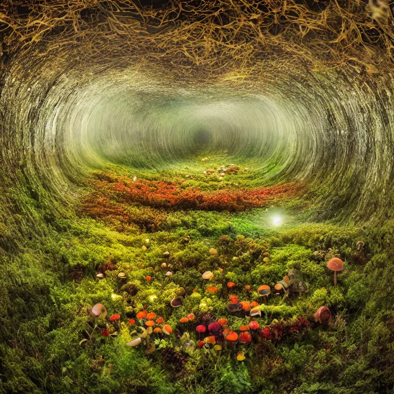 Image similar to a planet of various fungus, mushrooms, flowers and plants, inside the picture is infinity, Atmospheric, artistic photography, conceptual, long exposure outside the city, volumetric light