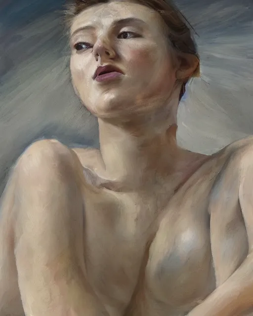 Prompt: a close up portrait a very ordinary young woman with a distracted expression, low angle, facing front, looking up, by Lucian Freud and Jenny Saville, oil painting, anatomically correct, beautiful perfect face, visible brushstrokes, sharp focus, Highly Detailed, Cinematic Lighting, 8k, HD