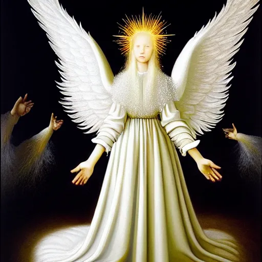 Image similar to highdetailed hyperrealistic painting of white angel!!! no gender!!!, giant ball of miracle light from the chest!!!!!, white sparkles everywhere, 4 k hd fur face!!!, big wings, by jan van eyck, holography space, glow effect, large strokes, white monochrome color!!!!!