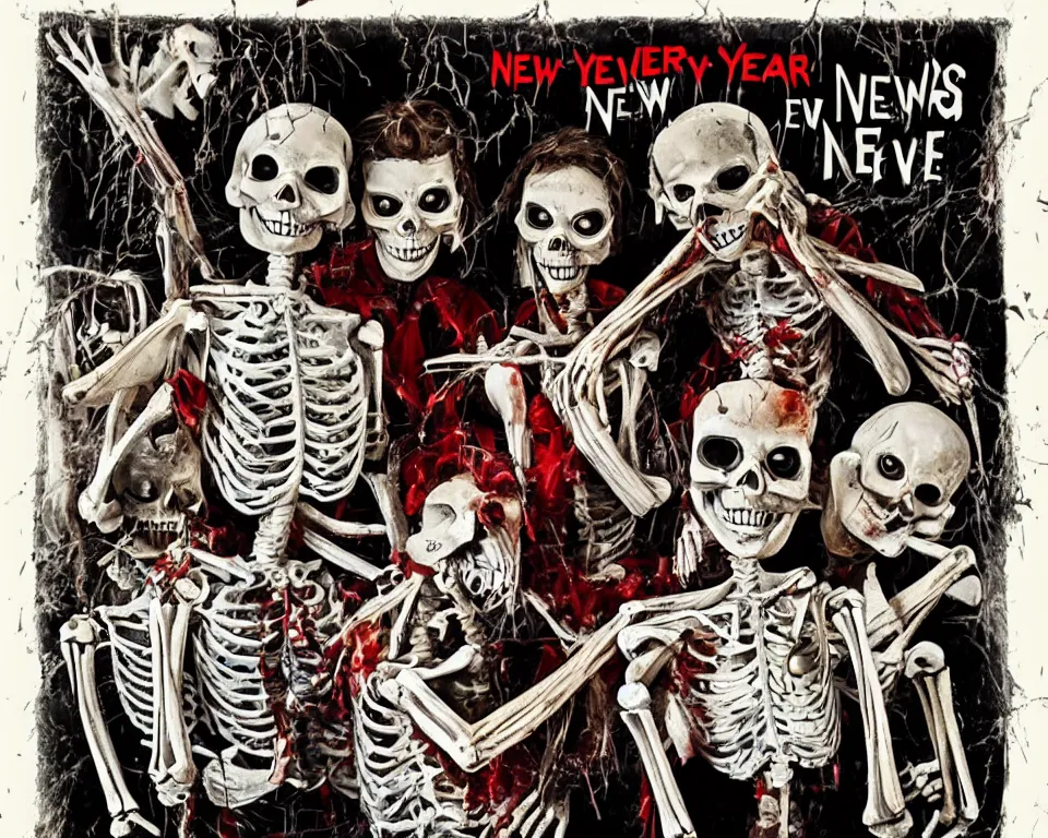 Prompt: a horror movie poster featuring new years eve skeletons