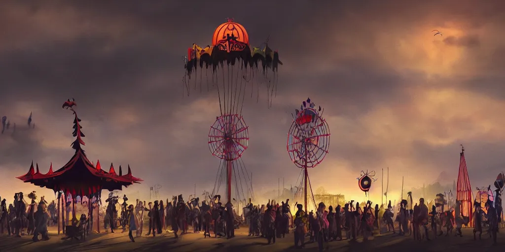 Image similar to a matte painting of a silhouette of an evil haunted carnival with a dark dramatic sky by pixar and tim burton