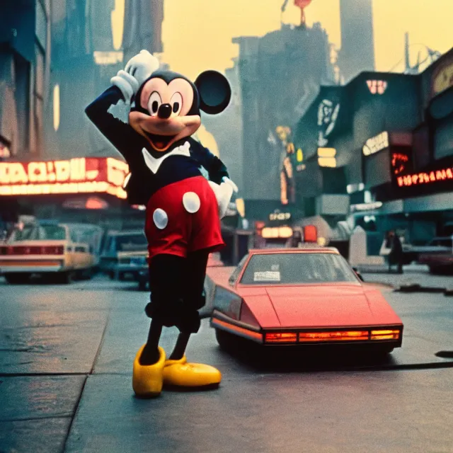 Prompt: a still of mickey mouse in blade runner 1 9 8 2 ektachrome e 1 0 0 3 5 mm high detail photograph