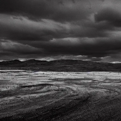 Image similar to a desolate plain with scorched earth, realistic, moody and dark