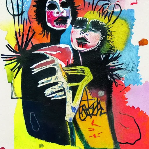 Image similar to watercolor painting of two bizarre psychedelic punk women kissing each other closeup in a vortex in japan, speculative evolution, mixed media collage by basquiat and jackson pollock, maximalist magazine collage art, sapphic art, lesbian art, chemically damaged