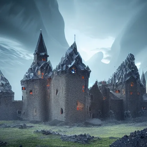 Prompt: medieval baroque castle made of crystal shards, epic landscape, iceland photography, cinematic, octane render, art station, dramatic lighting, beautiful dusk sky, concept art, rococo, photorealistic, intense detail, 8 k