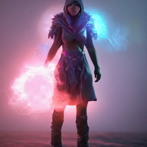 Image similar to character design, void arcanist, mist, photorealistic, octane render, unreal engine, hyper detailed, volumetric lighting