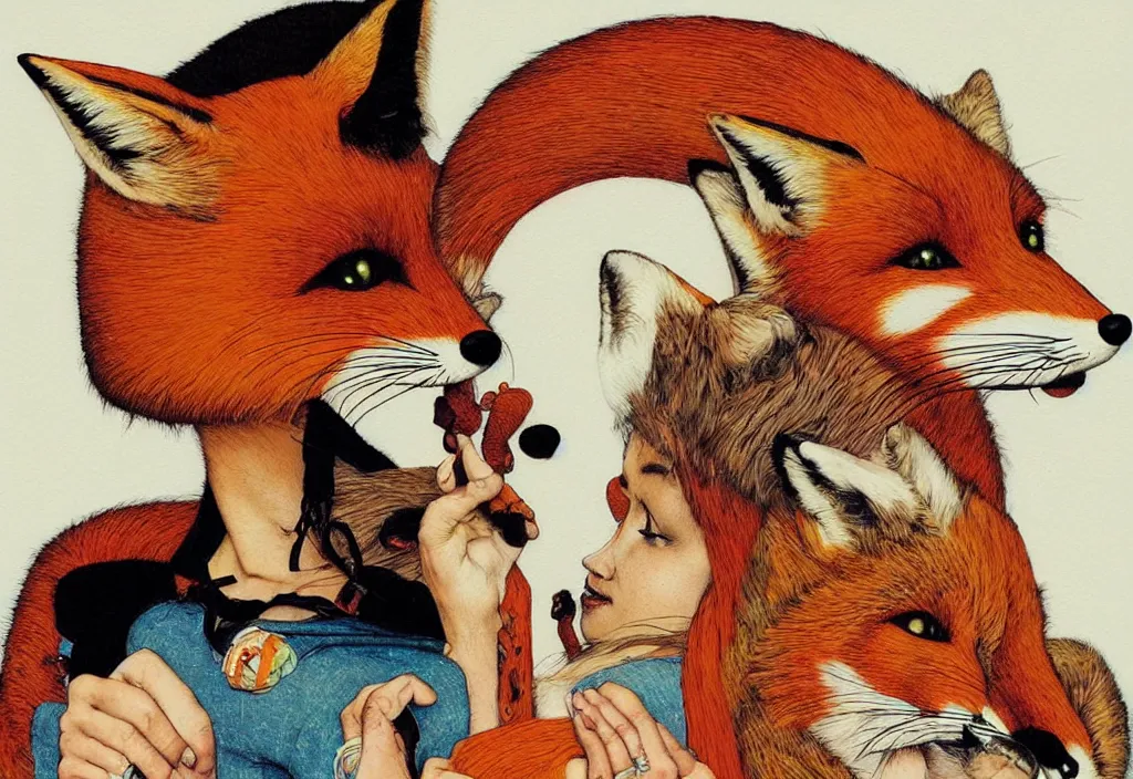 Image similar to portrait of a fox and a ( nerdy ) woman enveloped in yarn thinking of ( seventies art horror ) movies about death and chaos, by norman rockwell, pixar, studio ghibli, toei, mc escher, intricate line work, beautiful, complete light occlusion, hyper realism, trending on pinterest, artstation 8 k