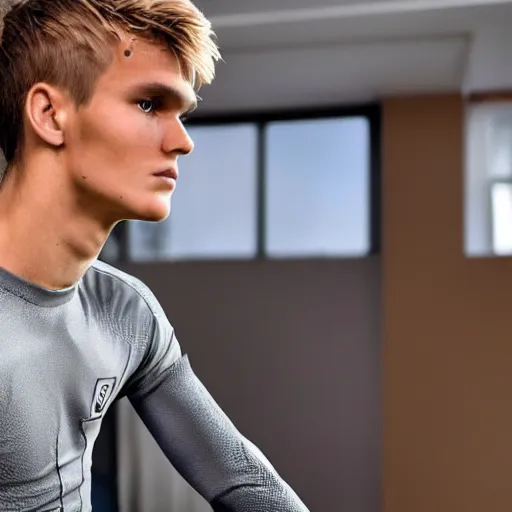 Image similar to a realistic detailed photo of a guy who is an attractive humanoid who is half robot and half humanoid, who is a male android, soccer player martin ødegaard, shiny skin, posing like a statue, blank stare, in a living room, on display, showing off his muscles