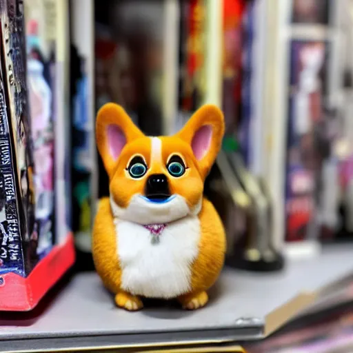 Image similar to photograph of a corgi furby toy on a store shelf