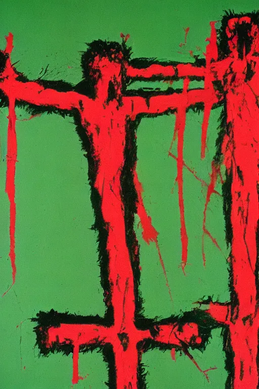 Image similar to green background with bloody christ crucified painted by cy twombly and andy warhol