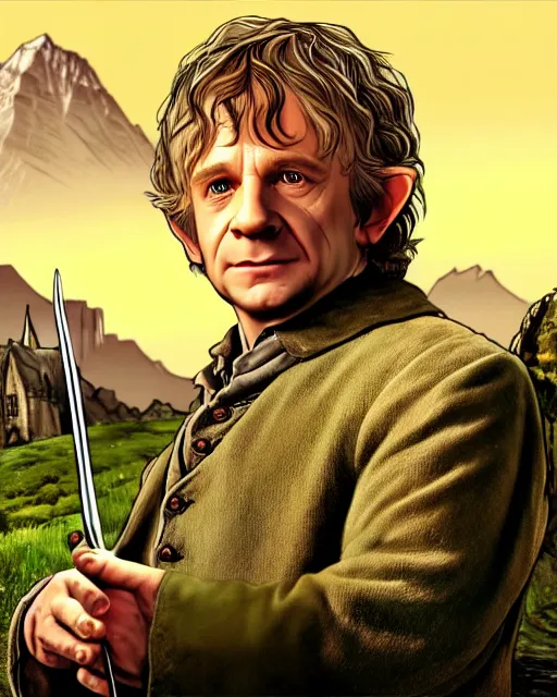 Image similar to Bilbo Baggins from Lord of the rings in GTA V loading screen, GTA V Cover art by Stephen Bliss, boxart, loading screen,