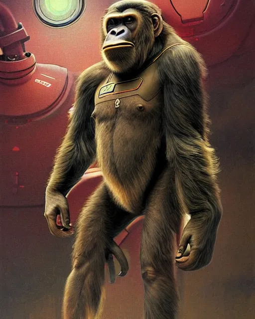 Image similar to winston the ape from overwatch, character portrait, portrait, close up, concept art, intricate details, highly detailed, vintage sci - fi poster, retro future, in the style of chris foss, rodger dean, moebius, michael whelan, and gustave dore