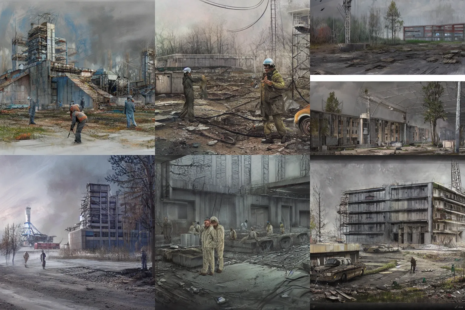 Prompt: liquidators in chernobyl, concept art by John J. Park, highly detailed, ultra detailed, ultra realistic, trending on artstation